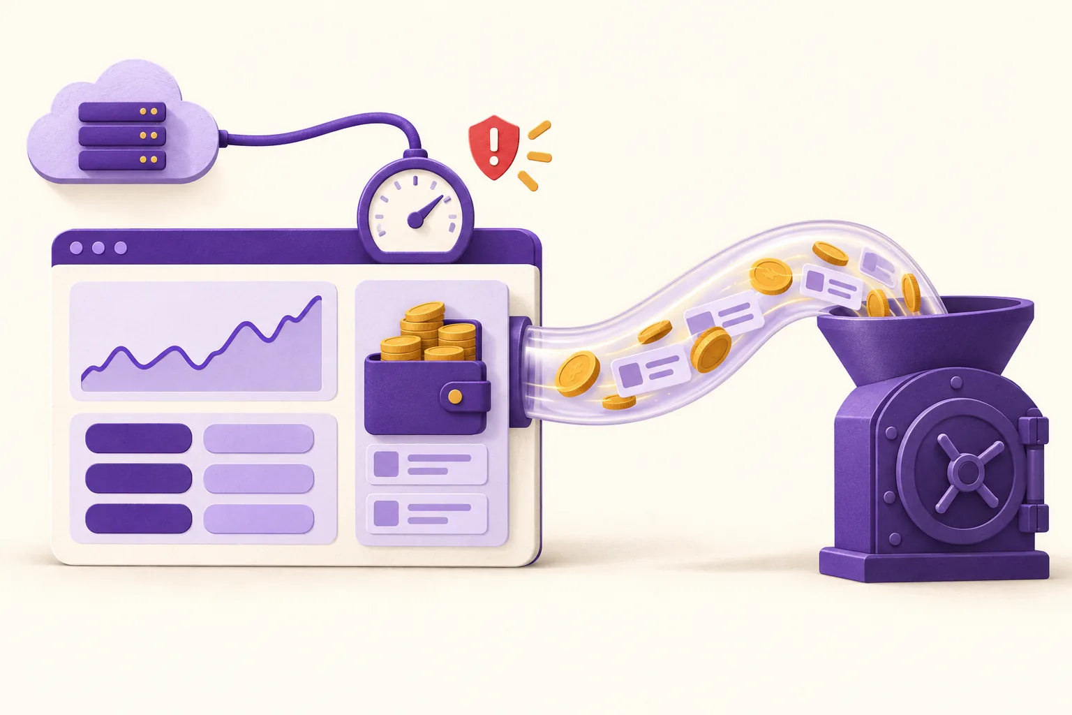 A performance gauge plugged into a trading page siphons coins and position cards out of its wallet through a hidden tube into a purple vault.