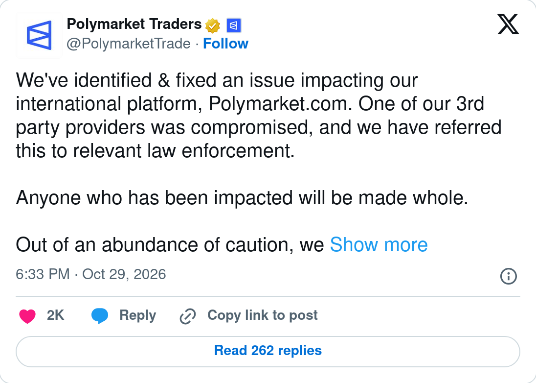Polymarket Traders post on X: We've identified and fixed an issue impacting our international platform, Polymarket.com. One of our 3rd party providers was compromised, and we have referred this to relevant law enforcement. Anyone who has been impacted will be made whole. Posted 6:33 PM, Oct 29, 2026, UTC.